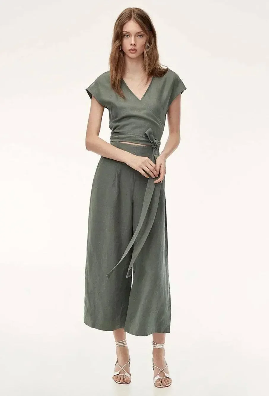 Aritzia Wilfred linen blend brax wrap wide leg jumpsuit olive green size 2